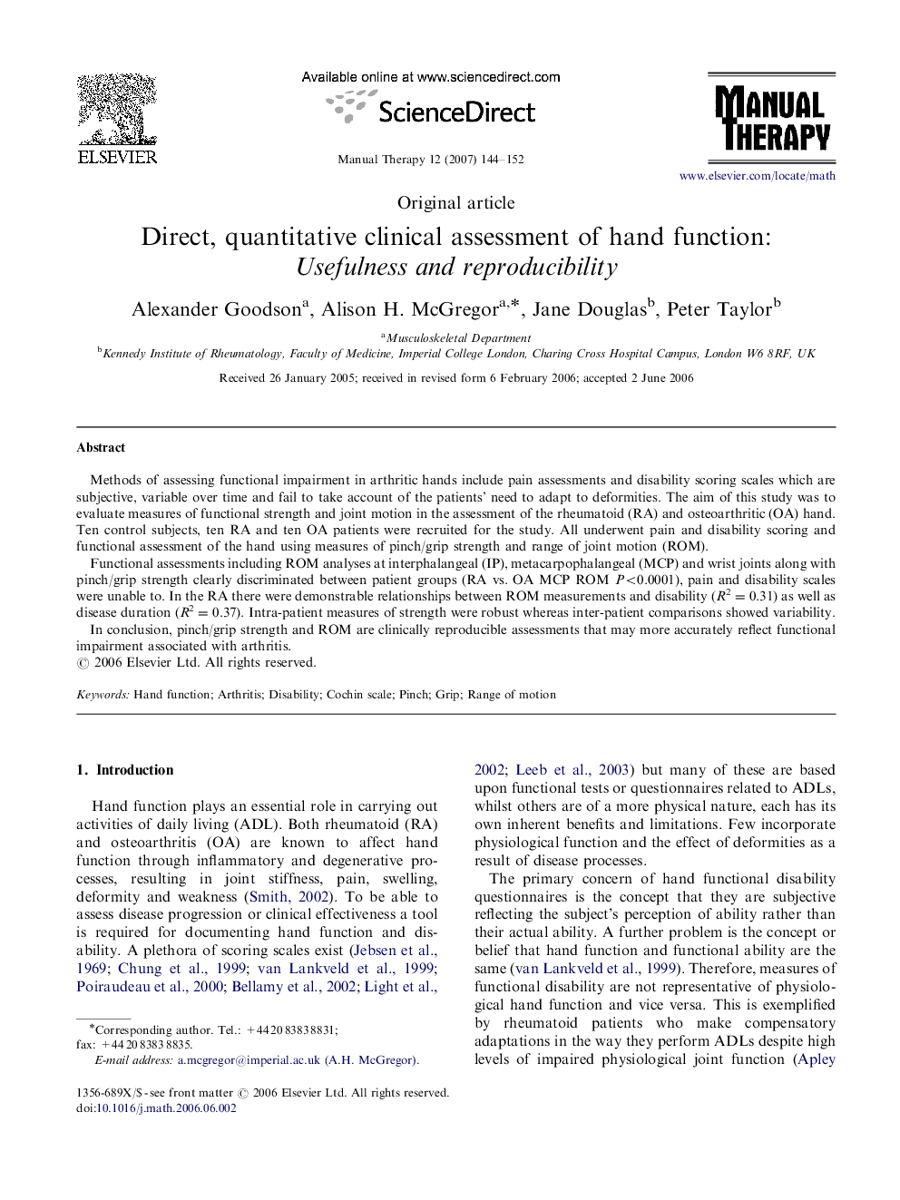 Direct, quantitative clinical assessment of hand function: Usefulness and reproducibility