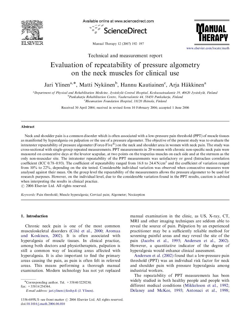 Evaluation of repeatability of pressure algometry on the neck muscles for clinical use