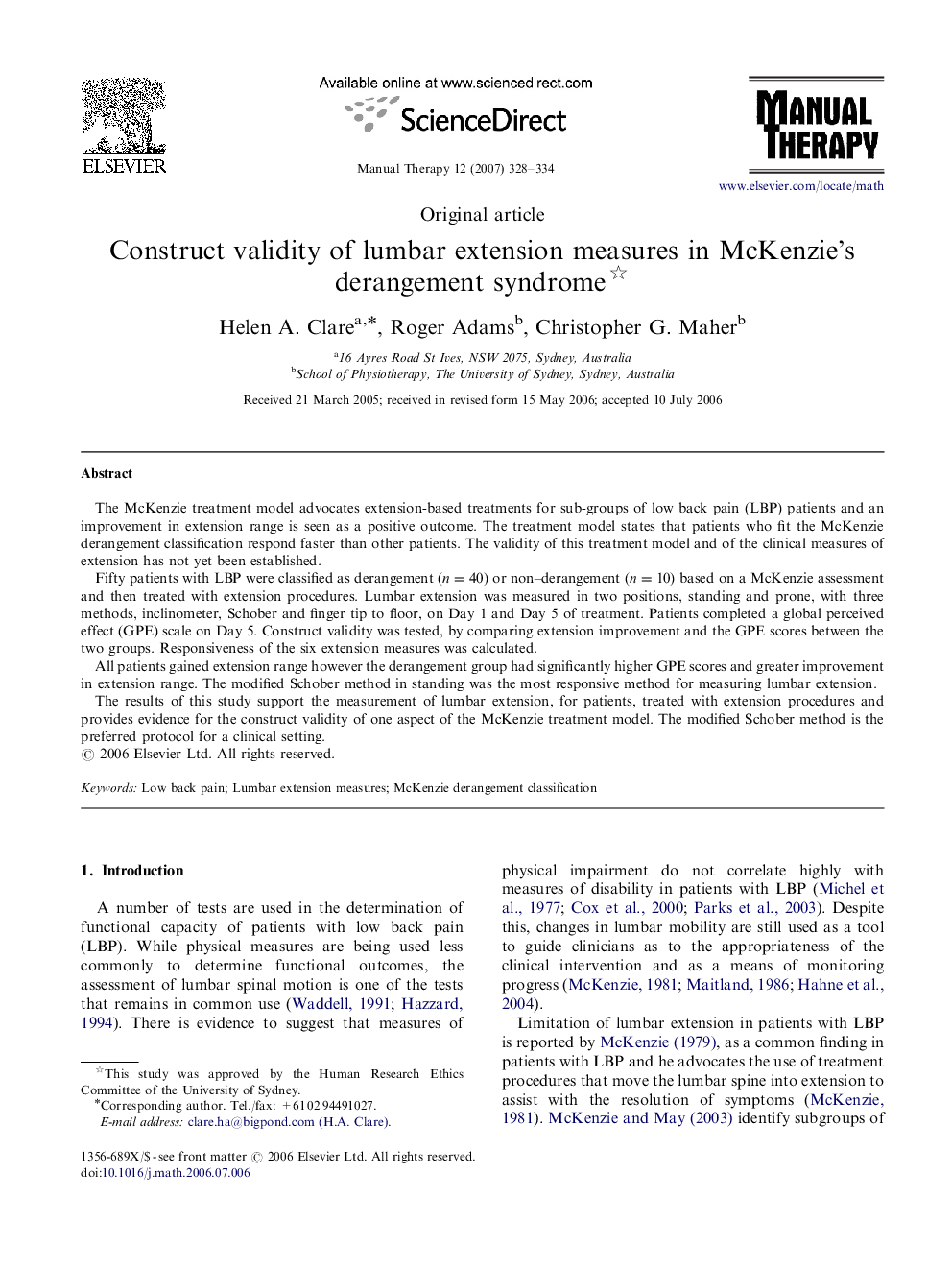 Construct validity of lumbar extension measures in McKenzie's derangement syndrome 