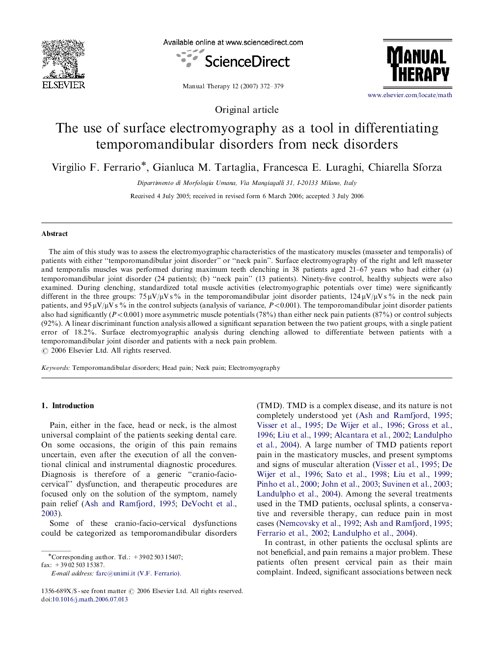 The use of surface electromyography as a tool in differentiating temporomandibular disorders from neck disorders