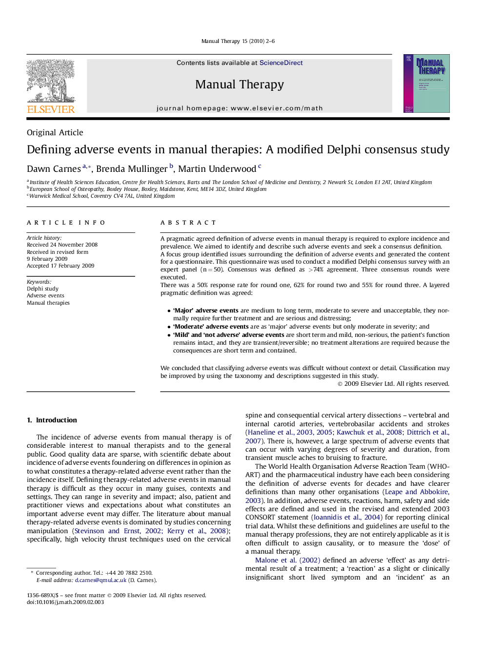 Defining adverse events in manual therapies: A modified Delphi consensus study