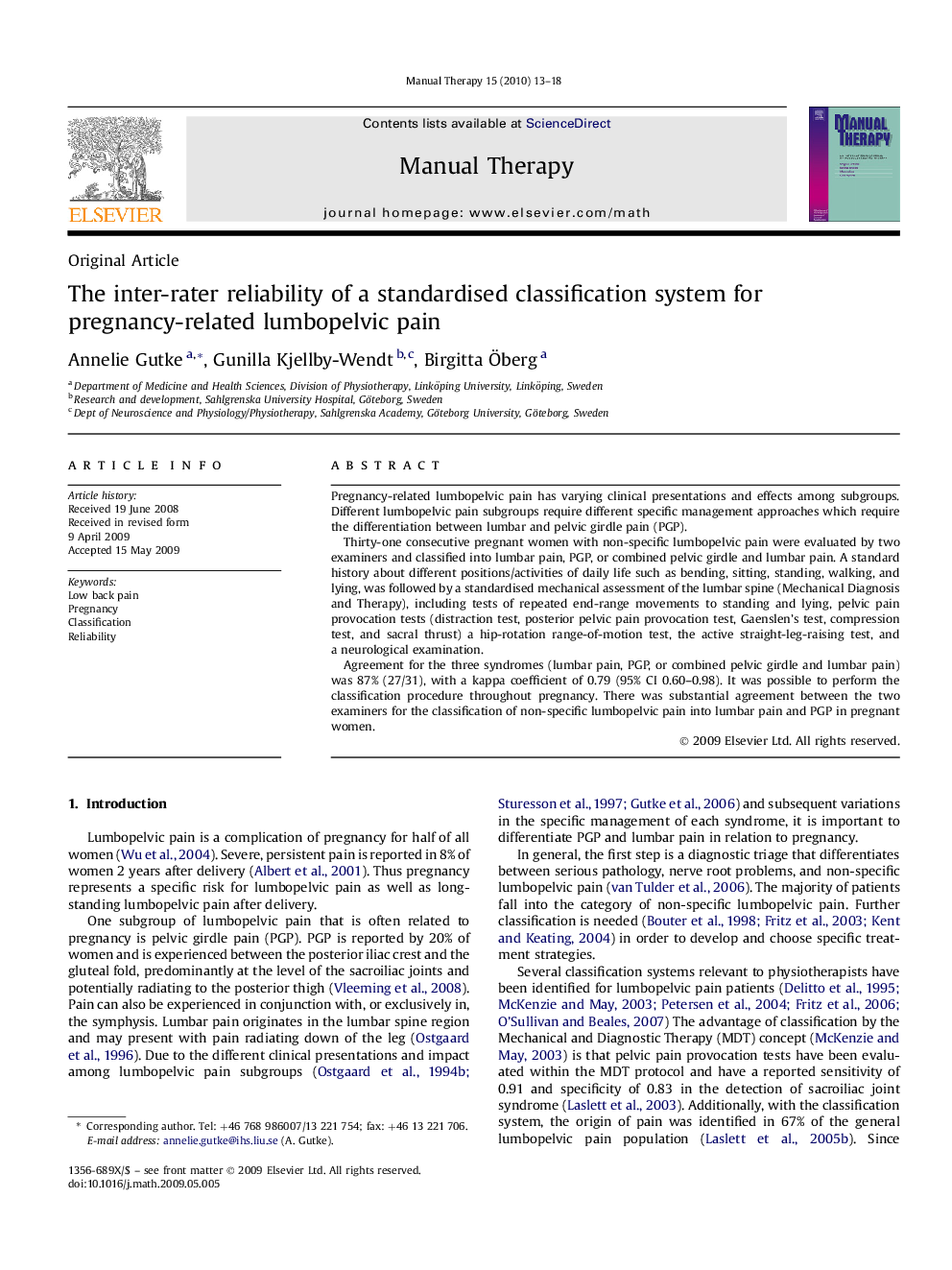 The inter-rater reliability of a standardised classification system for pregnancy-related lumbopelvic pain