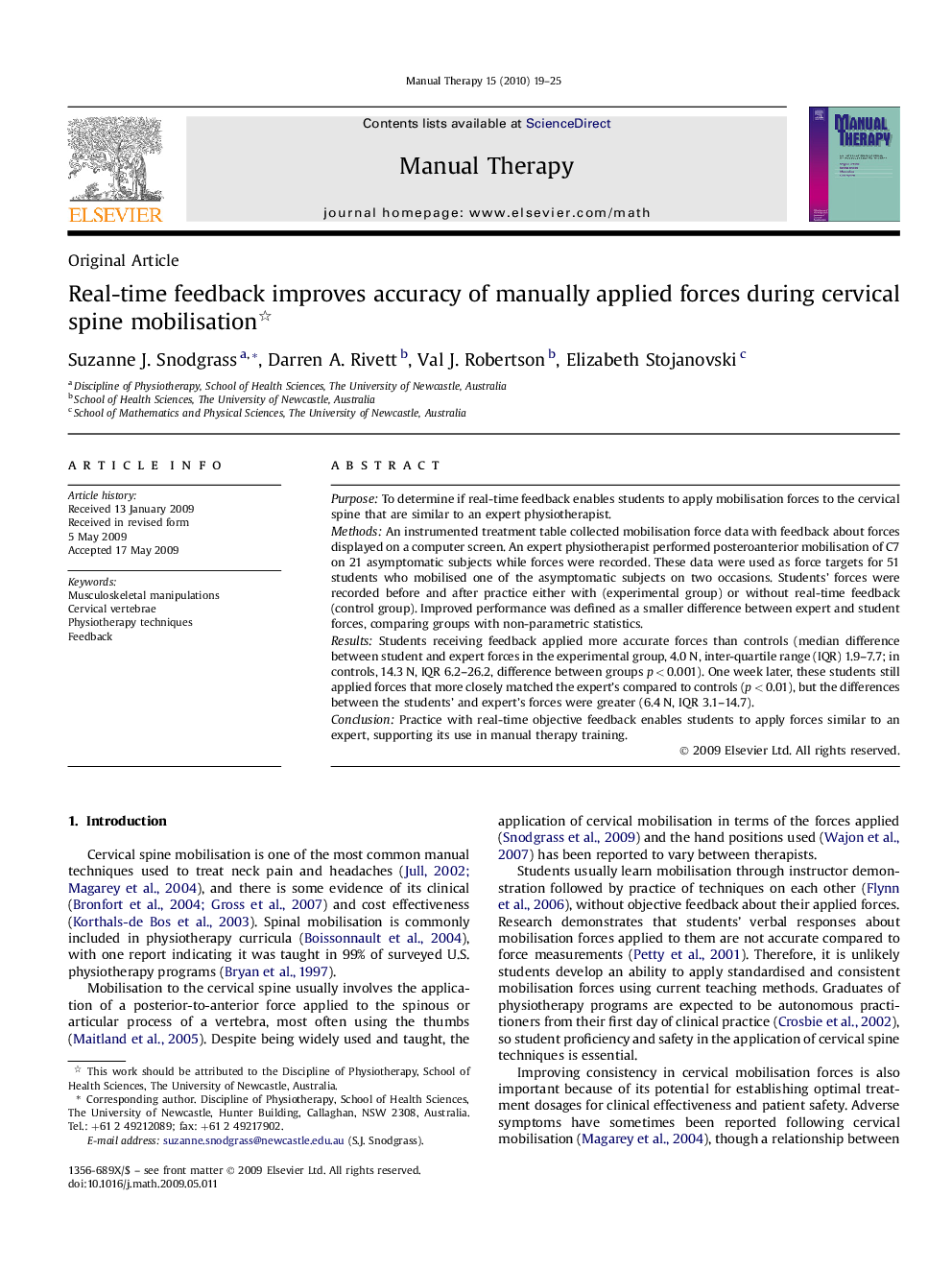 Real-time feedback improves accuracy of manually applied forces during cervical spine mobilisation 