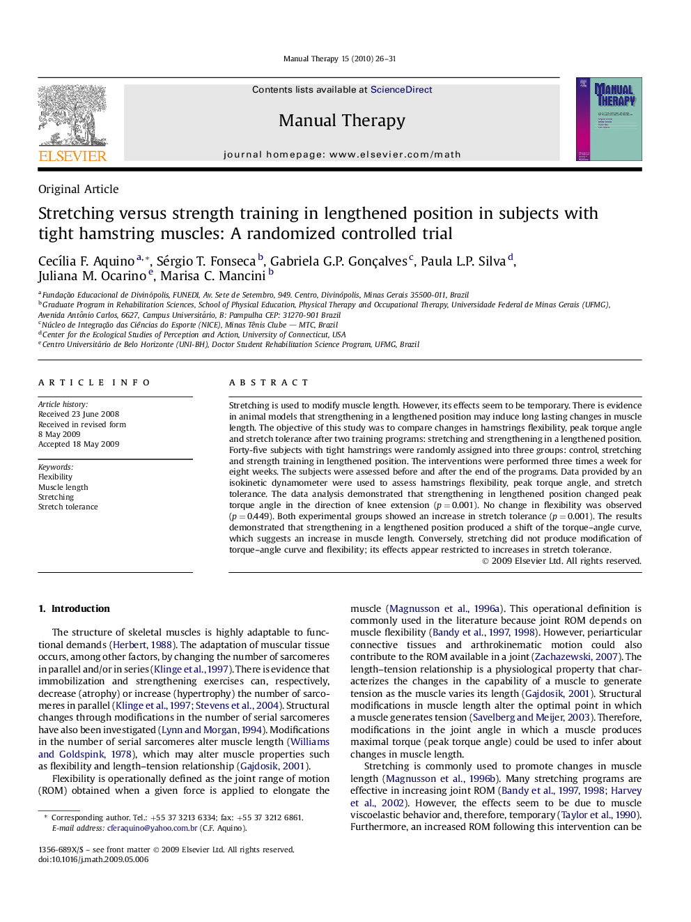 Stretching versus strength training in lengthened position in subjects with tight hamstring muscles: A randomized controlled trial