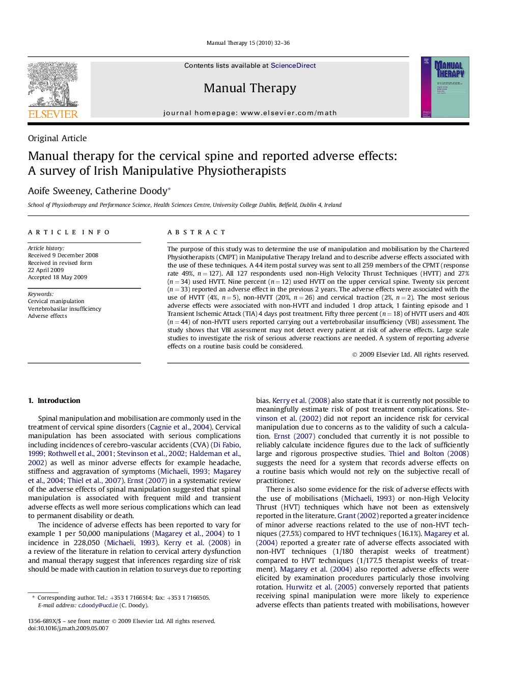 Manual therapy for the cervical spine and reported adverse effects: A survey of Irish Manipulative Physiotherapists