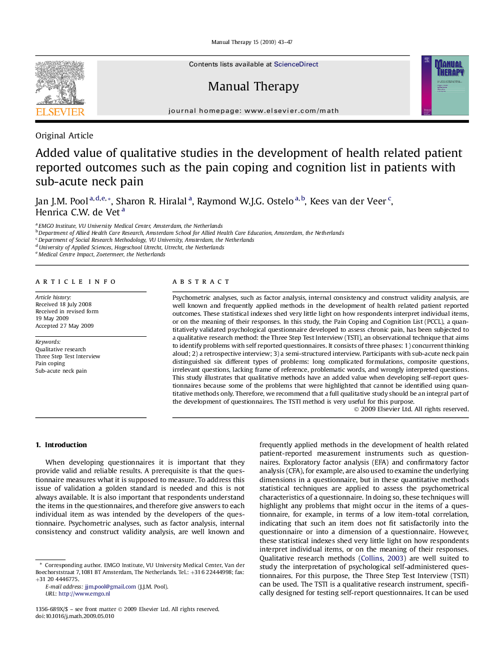 Added value of qualitative studies in the development of health related patient reported outcomes such as the pain coping and cognition list in patients with sub-acute neck pain