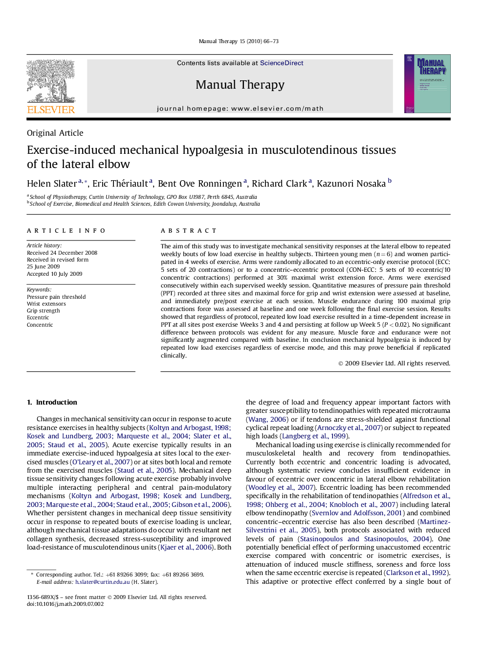 Exercise-induced mechanical hypoalgesia in musculotendinous tissues of the lateral elbow