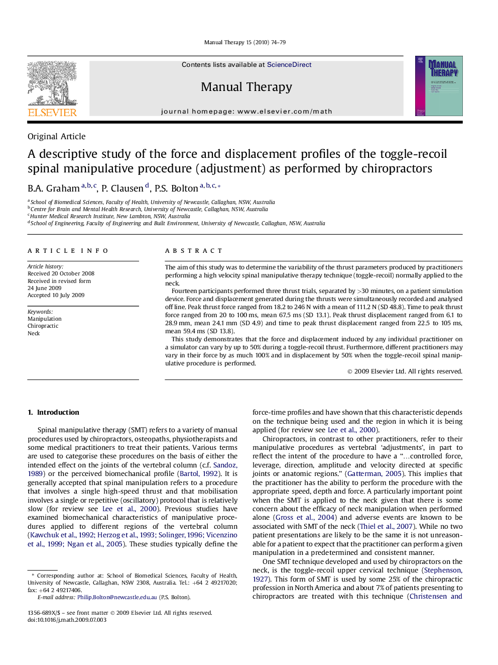 A descriptive study of the force and displacement profiles of the toggle-recoil spinal manipulative procedure (adjustment) as performed by chiropractors