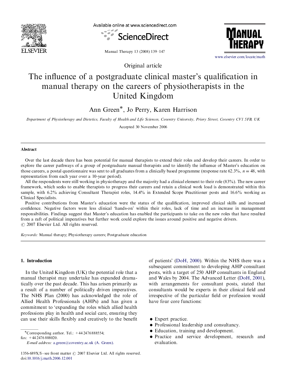 The influence of a postgraduate clinical master's qualification in manual therapy on the careers of physiotherapists in the United Kingdom