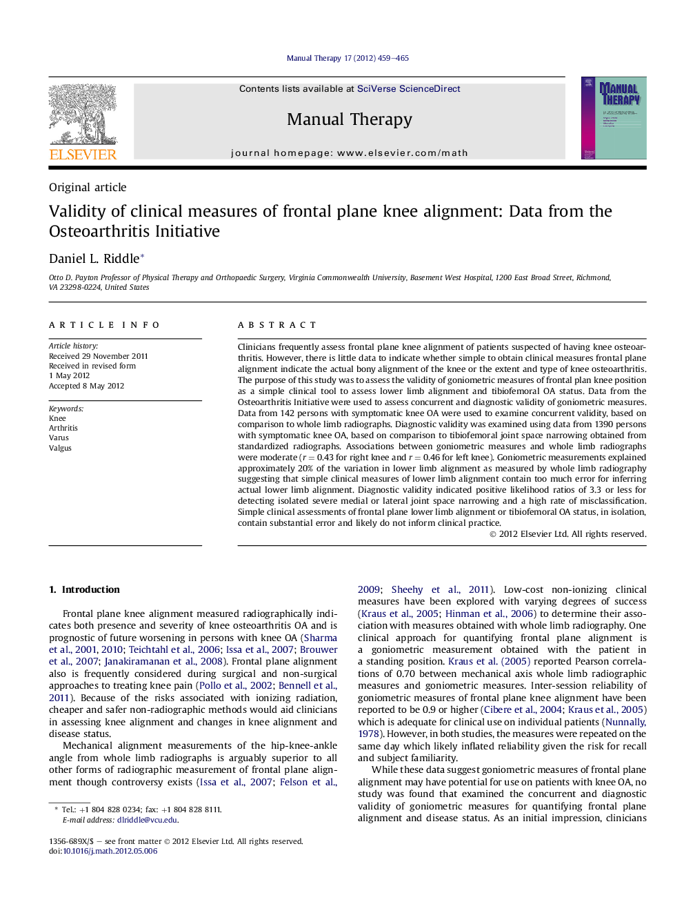 Validity of clinical measures of frontal plane knee alignment: Data from the Osteoarthritis Initiative