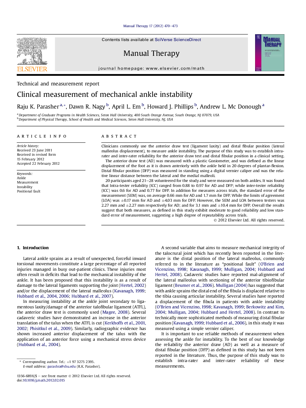 Clinical measurement of mechanical ankle instability