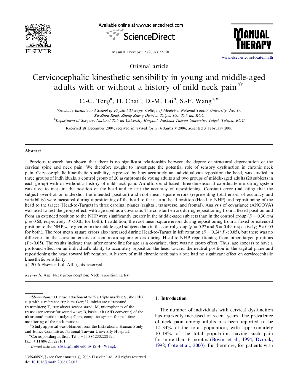 Cervicocephalic kinesthetic sensibility in young and middle-aged adults with or without a history of mild neck pain 