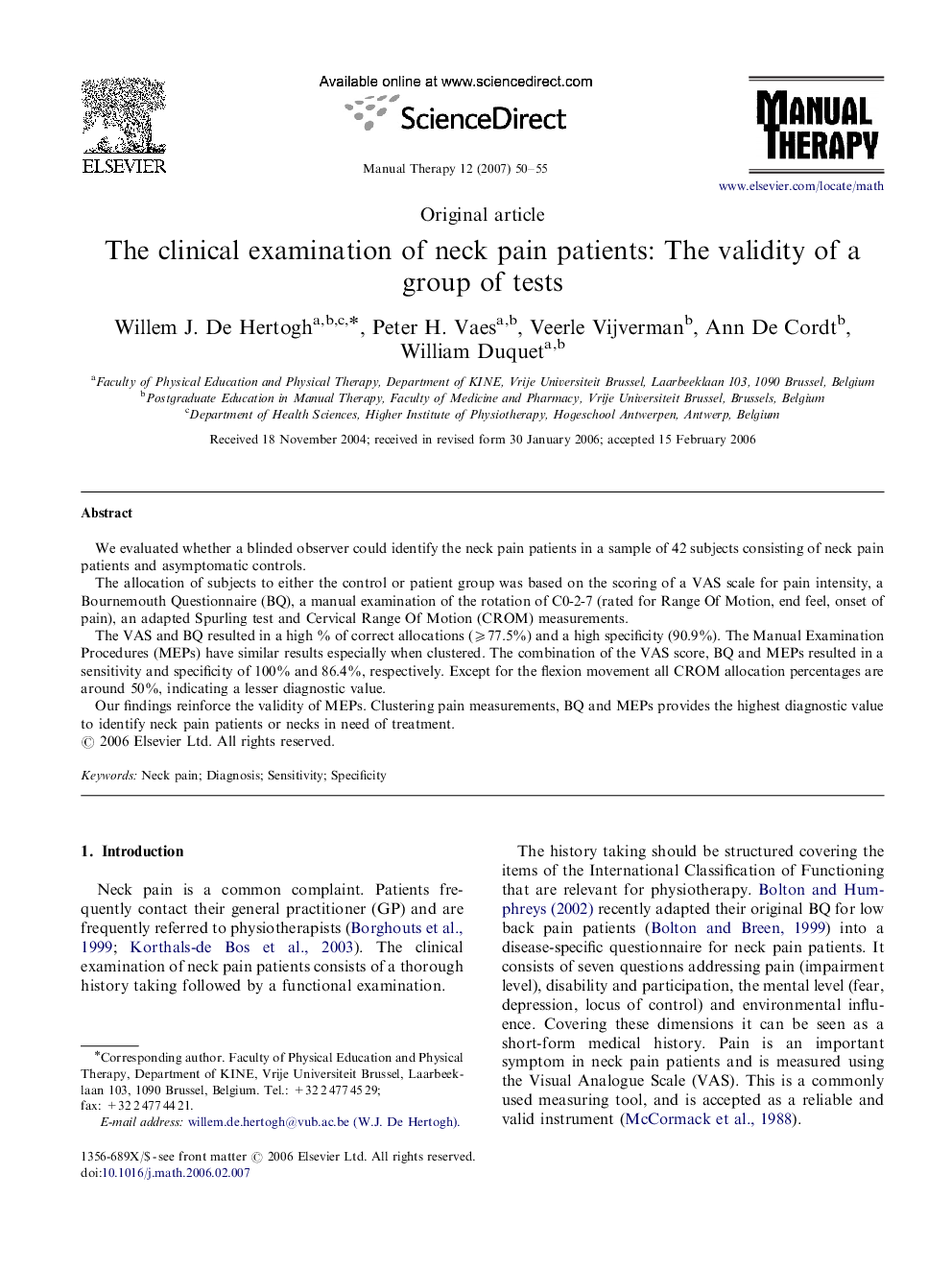 The clinical examination of neck pain patients: The validity of a group of tests