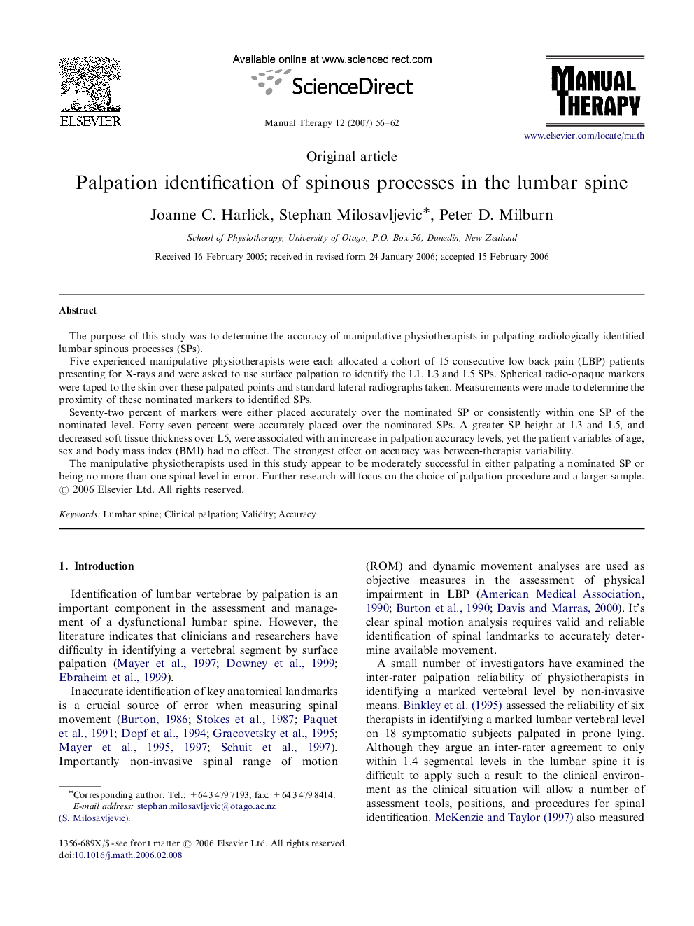 Palpation identification of spinous processes in the lumbar spine