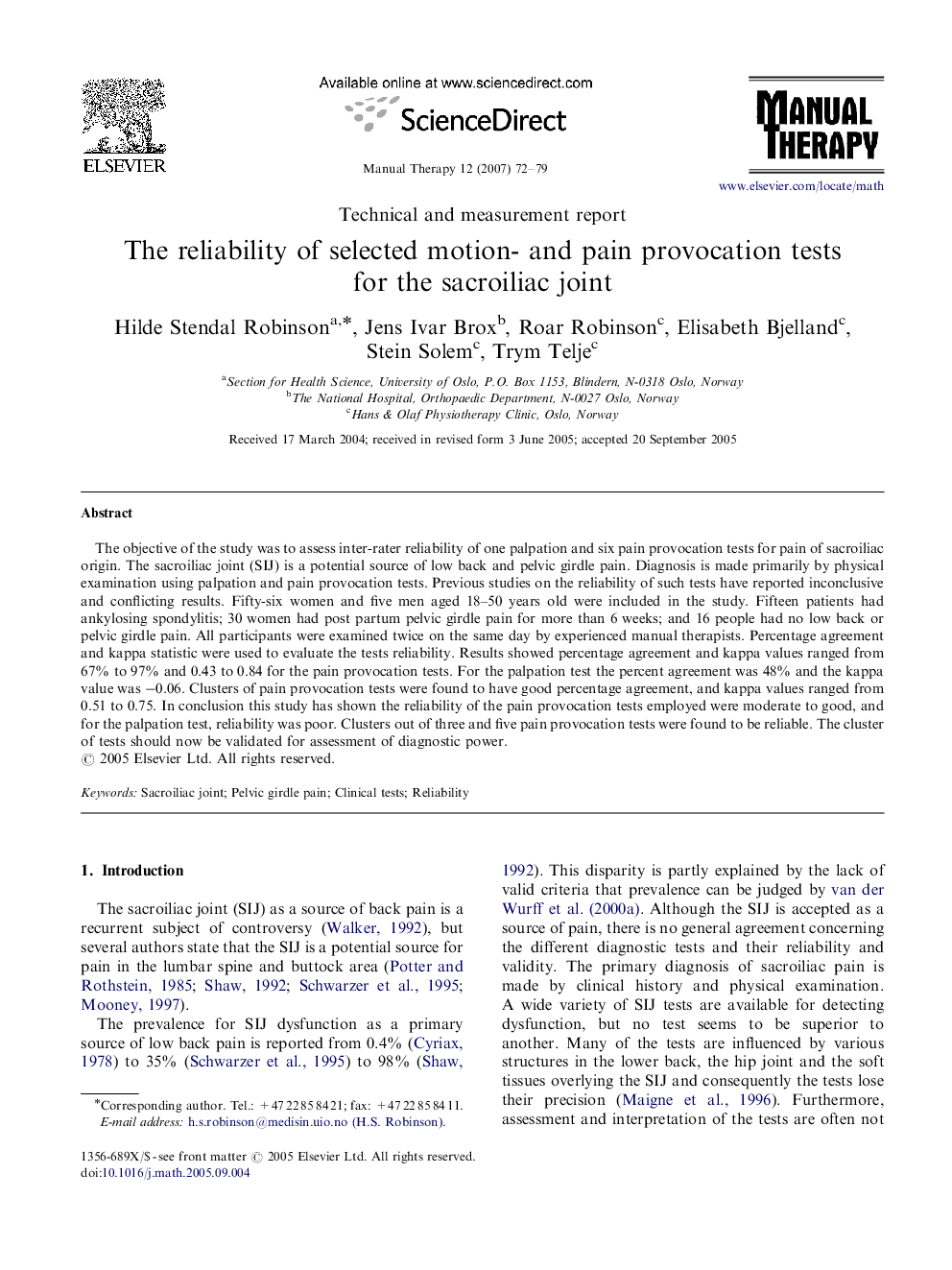 The reliability of selected motion- and pain provocation tests for the sacroiliac joint