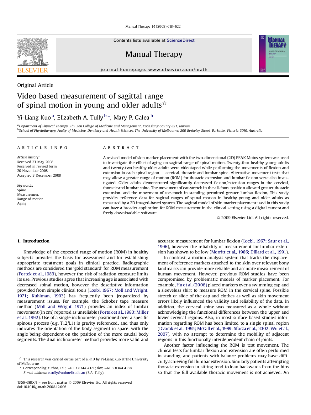 Video based measurement of sagittal range of spinal motion in young and older adults 