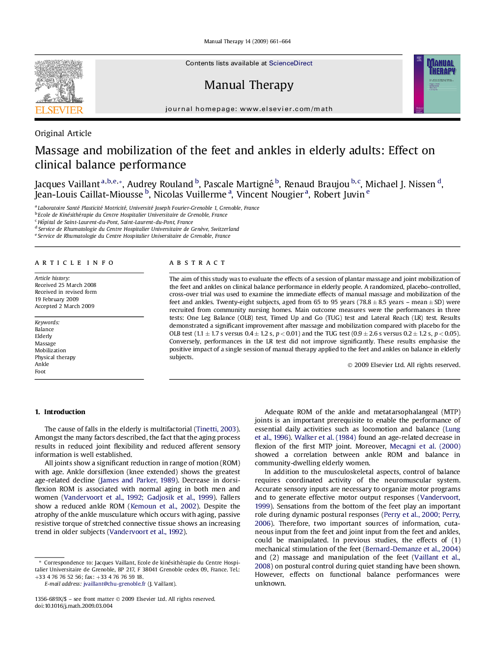 Massage and mobilization of the feet and ankles in elderly adults: Effect on clinical balance performance