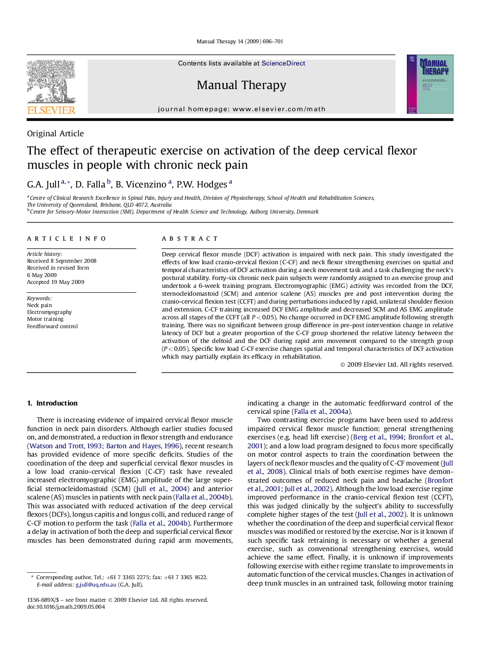 The effect of therapeutic exercise on activation of the deep cervical flexor muscles in people with chronic neck pain