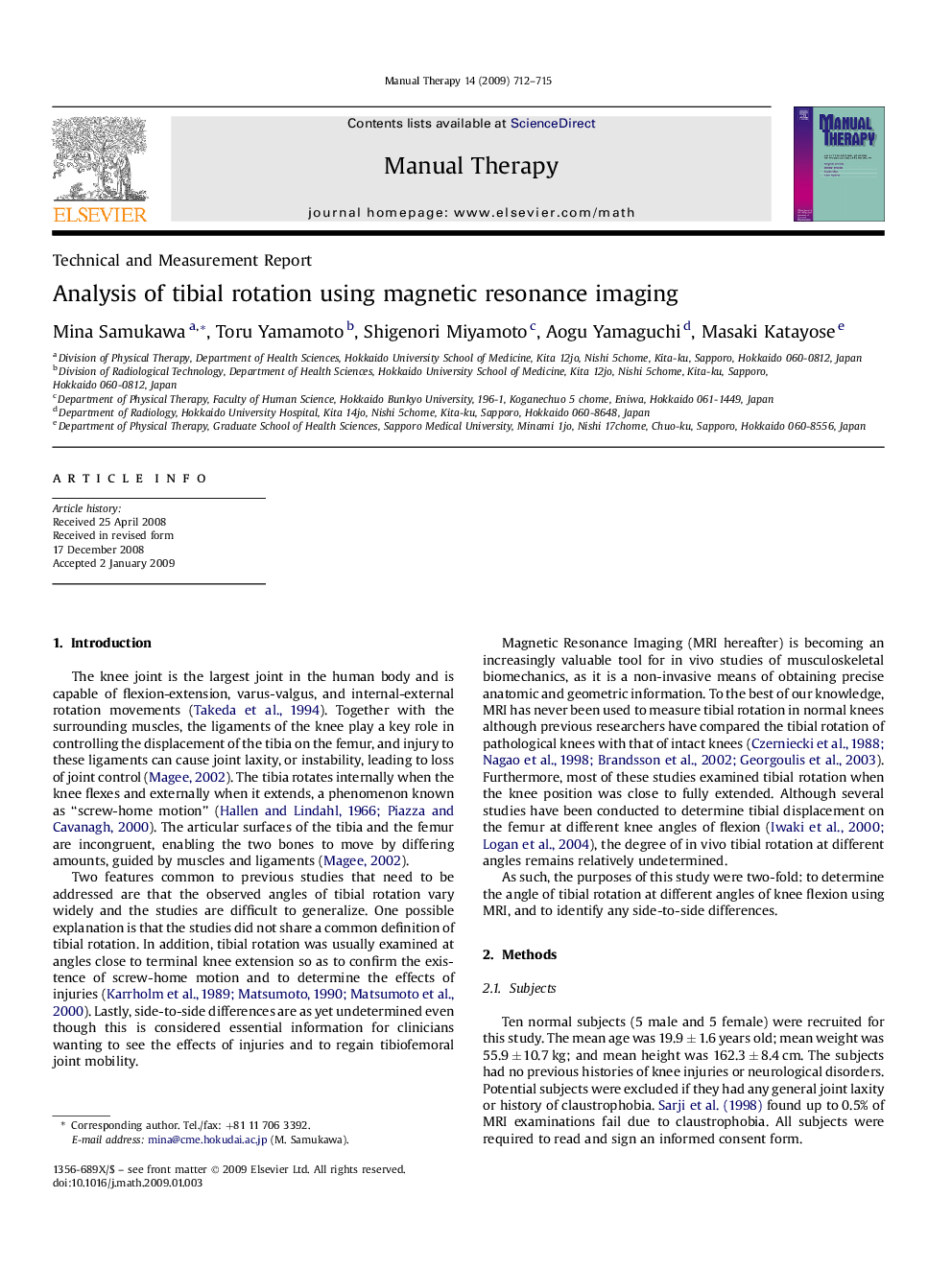 Analysis of tibial rotation using magnetic resonance imaging