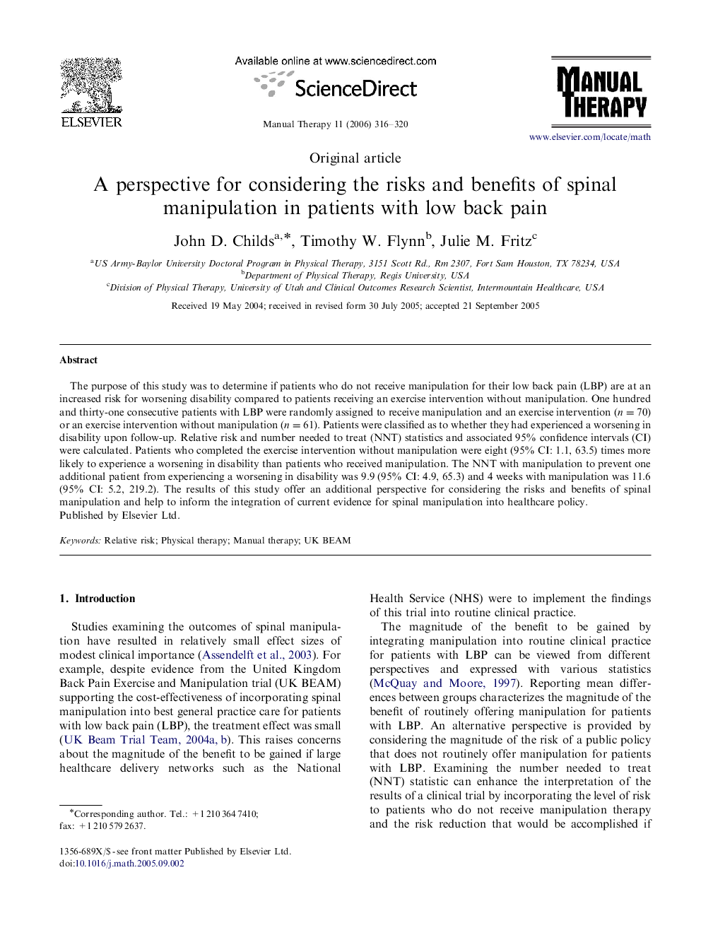 A perspective for considering the risks and benefits of spinal manipulation in patients with low back pain