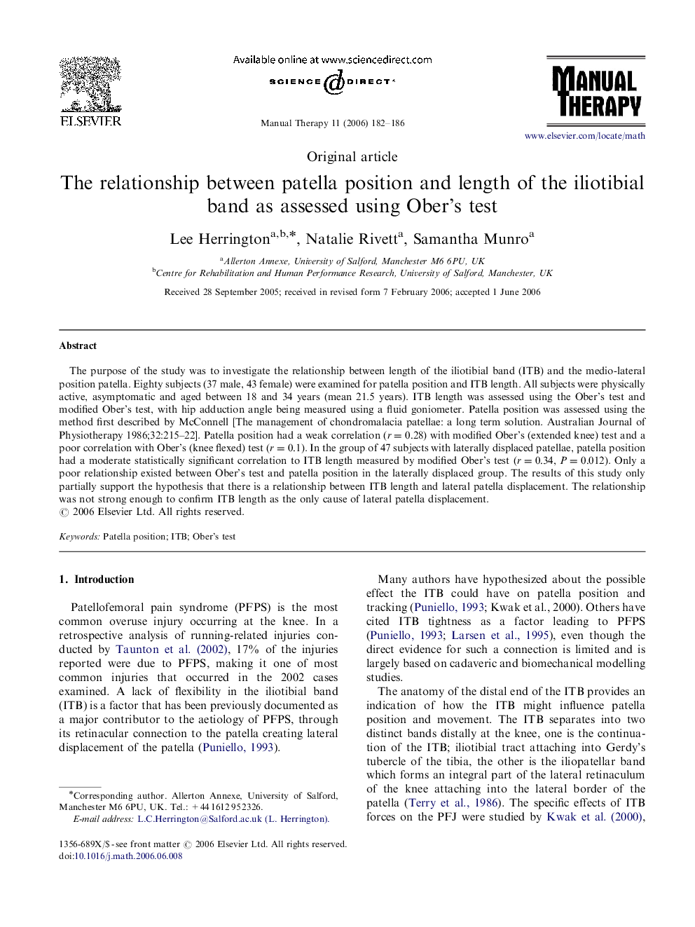 The relationship between patella position and length of the iliotibial band as assessed using Ober's test