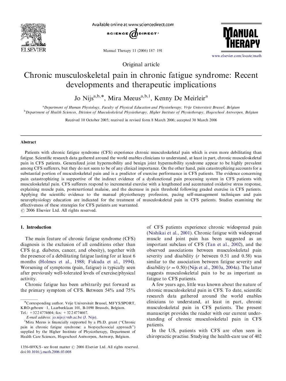 Chronic musculoskeletal pain in chronic fatigue syndrome: Recent developments and therapeutic implications