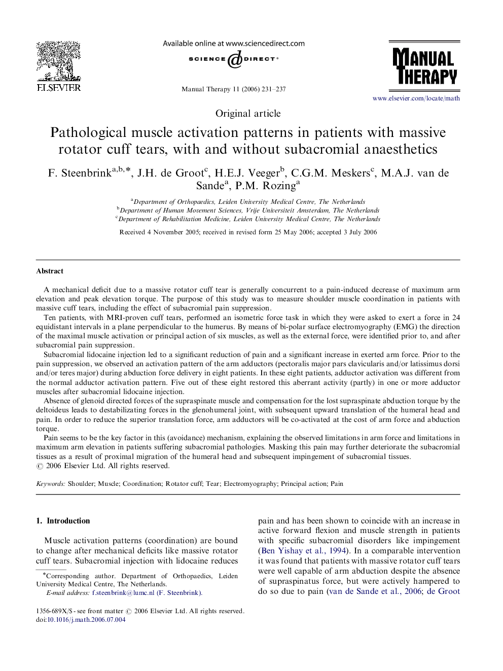 Pathological muscle activation patterns in patients with massive rotator cuff tears, with and without subacromial anaesthetics