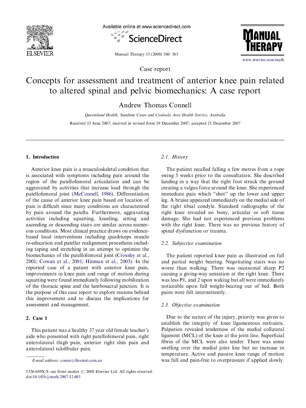 Concepts for assessment and treatment of anterior knee pain related to altered spinal and pelvic biomechanics: A case report