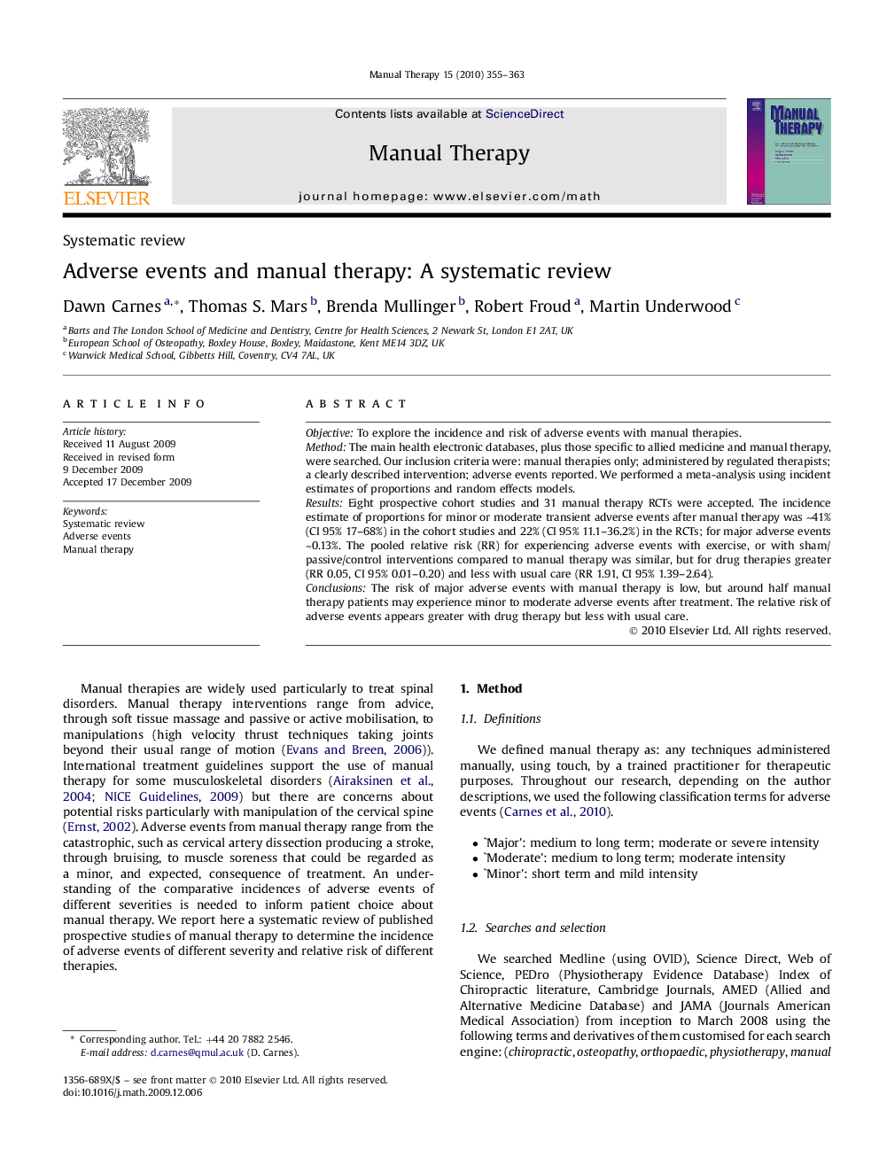 Adverse events and manual therapy: A systematic review