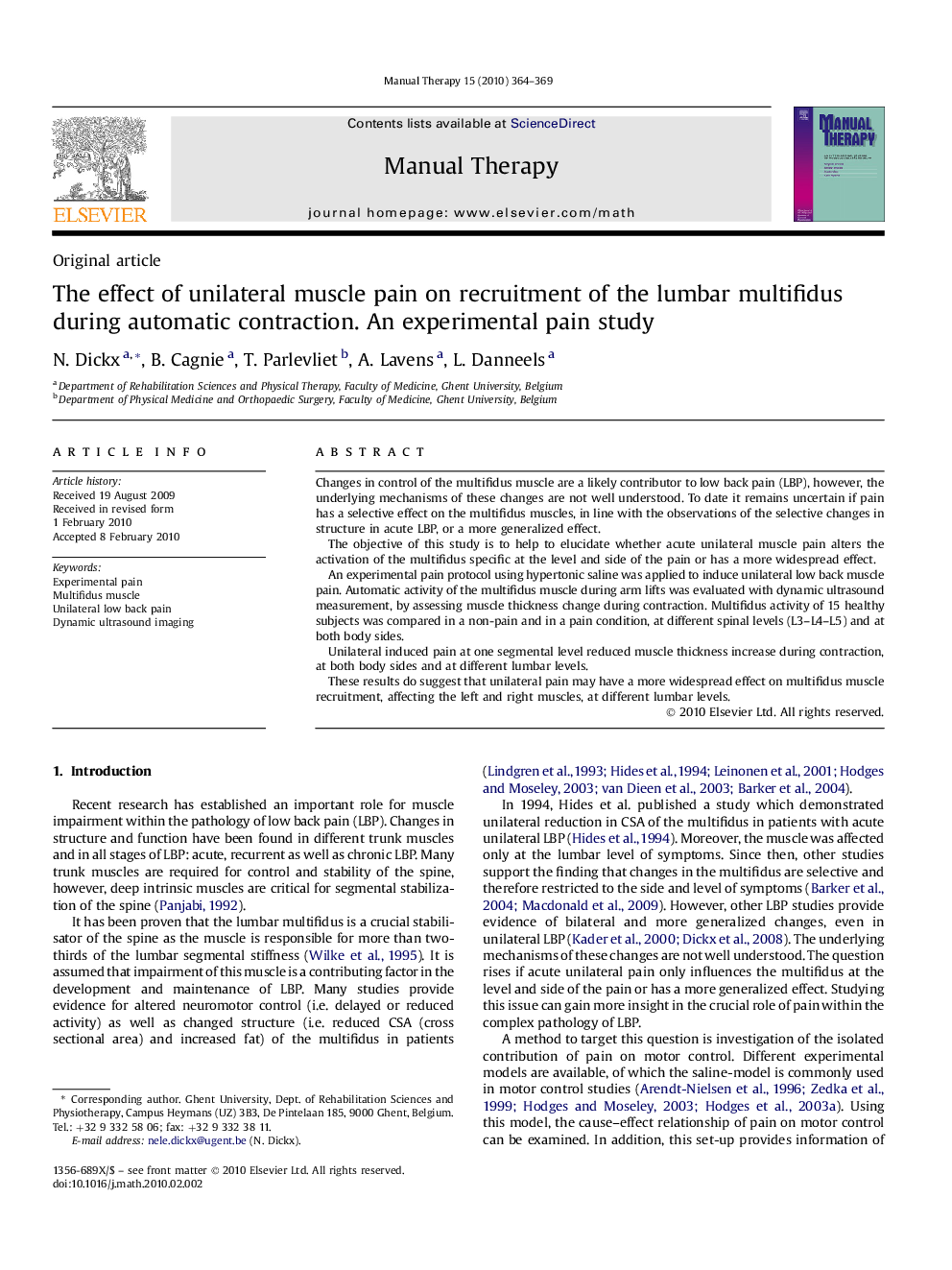 The effect of unilateral muscle pain on recruitment of the lumbar multifidus during automatic contraction. An experimental pain study