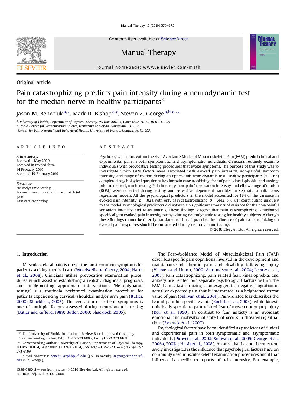 Pain catastrophizing predicts pain intensity during a neurodynamic test for the median nerve in healthy participants 