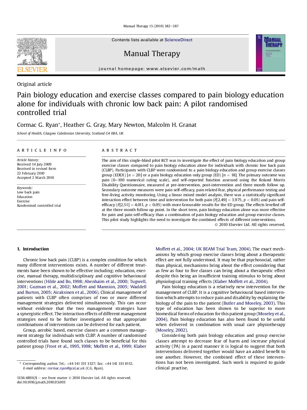 Pain biology education and exercise classes compared to pain biology education alone for individuals with chronic low back pain: A pilot randomised controlled trial