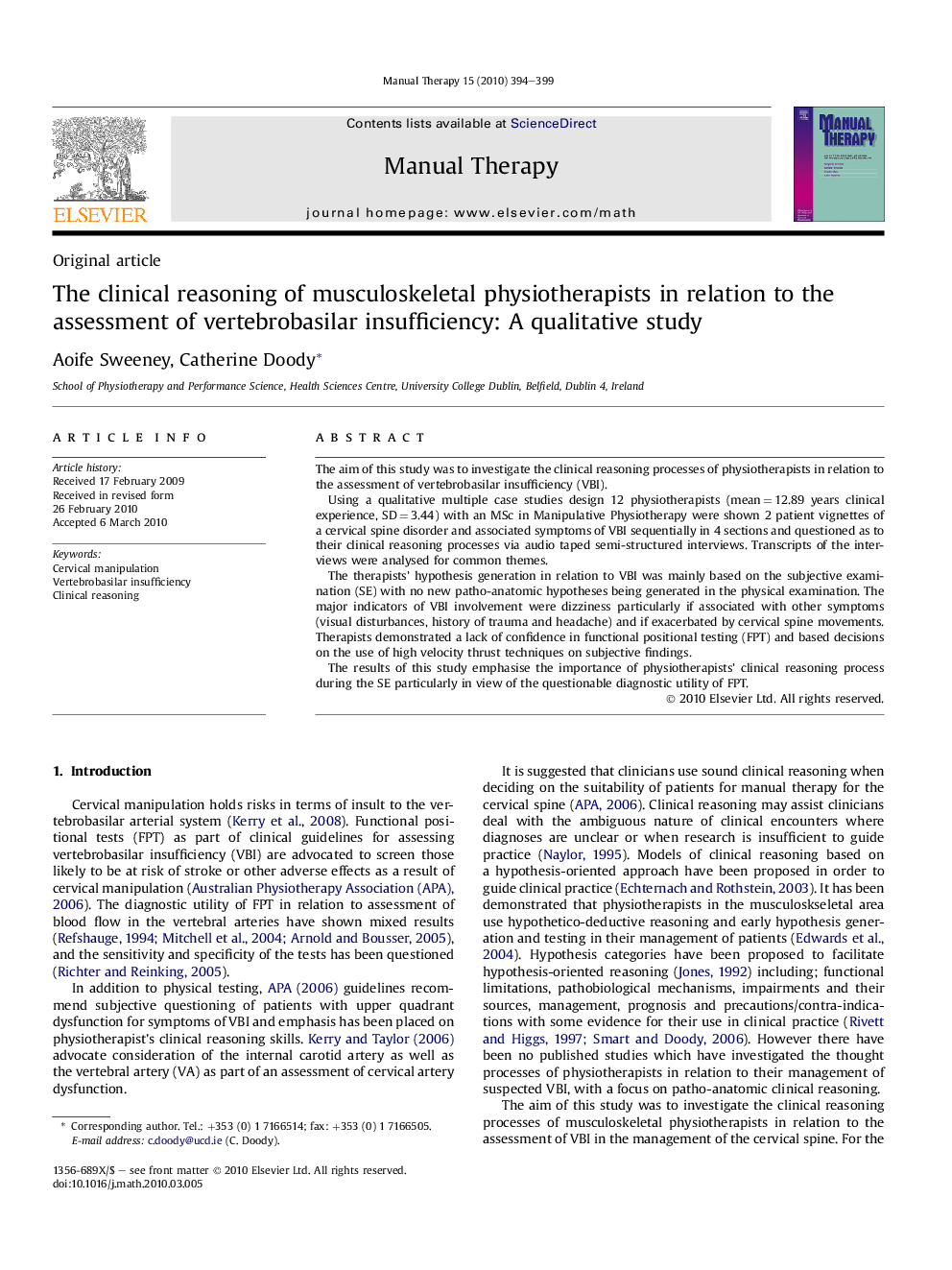 The clinical reasoning of musculoskeletal physiotherapists in relation to the assessment of vertebrobasilar insufficiency: A qualitative study