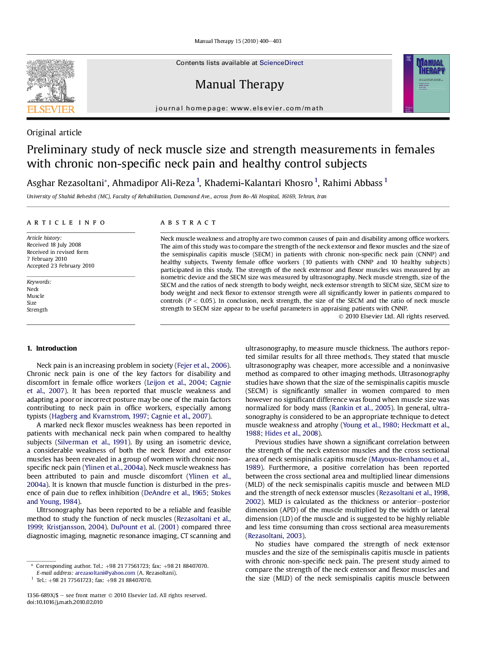 Preliminary study of neck muscle size and strength measurements in females with chronic non-specific neck pain and healthy control subjects