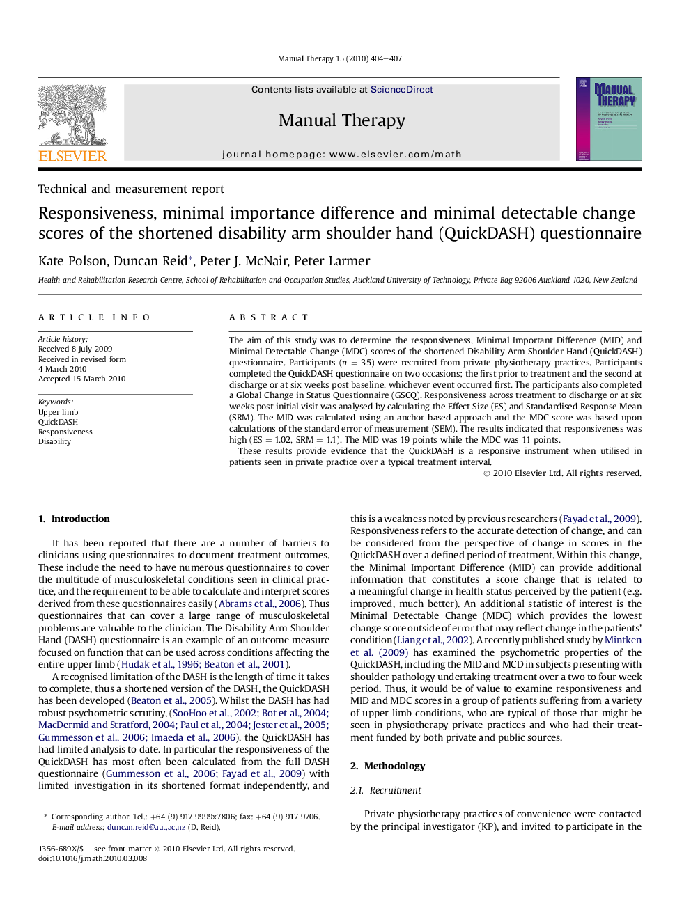 Responsiveness, minimal importance difference and minimal detectable change scores of the shortened disability arm shoulder hand (QuickDASH) questionnaire