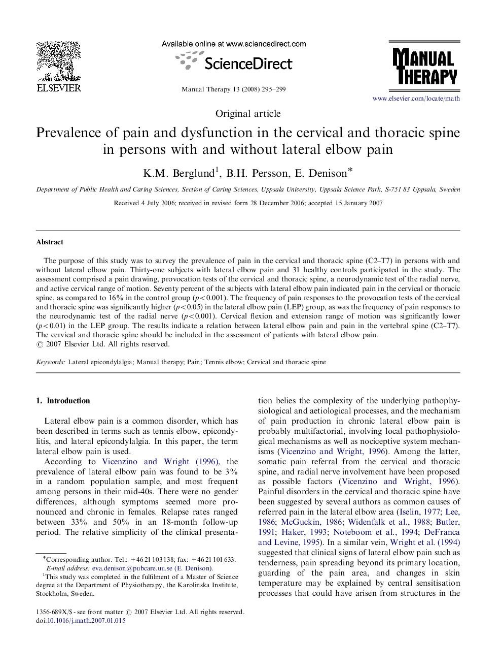 Prevalence of pain and dysfunction in the cervical and thoracic spine in persons with and without lateral elbow pain