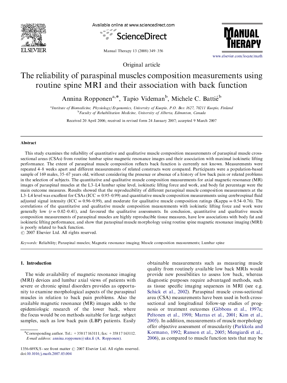 The reliability of paraspinal muscles composition measurements using routine spine MRI and their association with back function