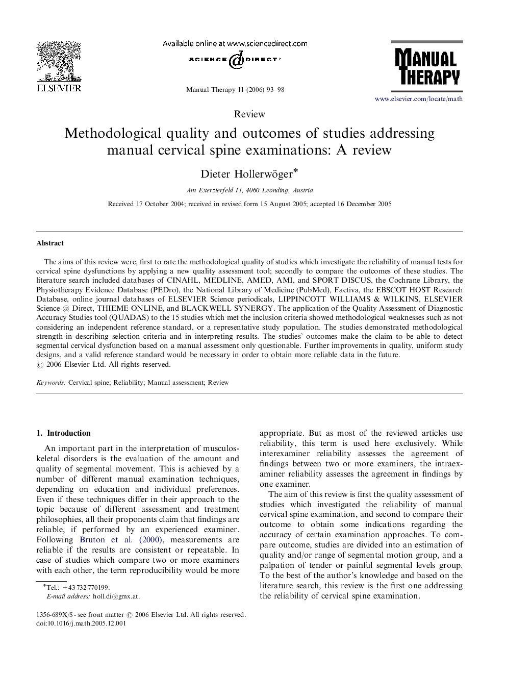 Methodological quality and outcomes of studies addressing manual cervical spine examinations: A review