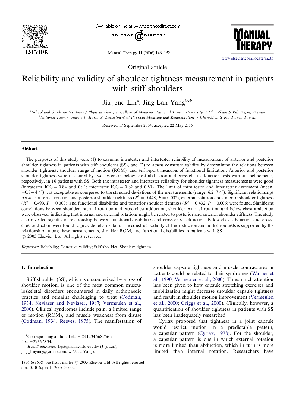 عکس صفحه اول مقاله: Reliability and validity of shoulder tightness measurement in patients with stiff shoulders Reliability and validity of shoulder tightness measurement in patients with stiff shoulders