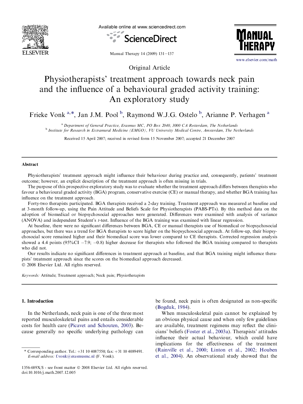 Physiotherapists' treatment approach towards neck pain and the influence of a behavioural graded activity training: An exploratory study