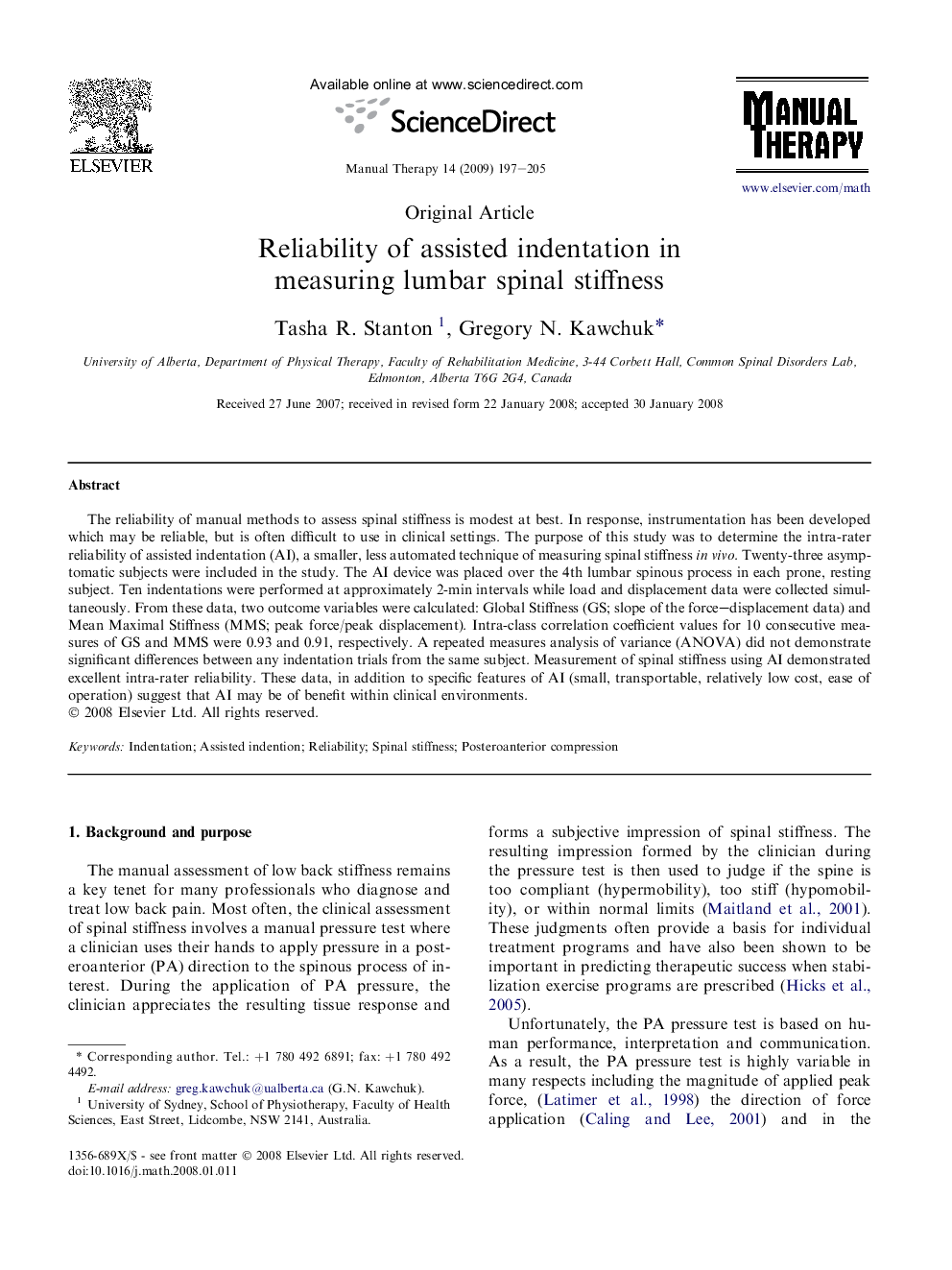 Reliability of assisted indentation in measuring lumbar spinal stiffness