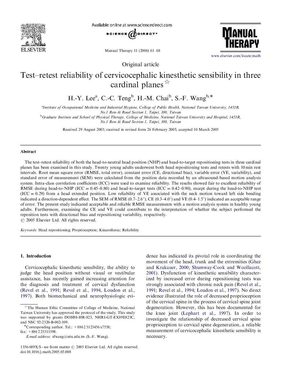 Test–retest reliability of cervicocephalic kinesthetic sensibility in three cardinal planes 