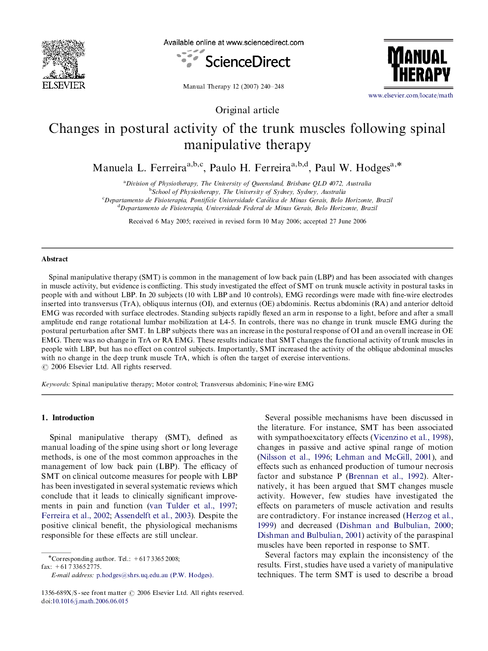 Changes in postural activity of the trunk muscles following spinal manipulative therapy