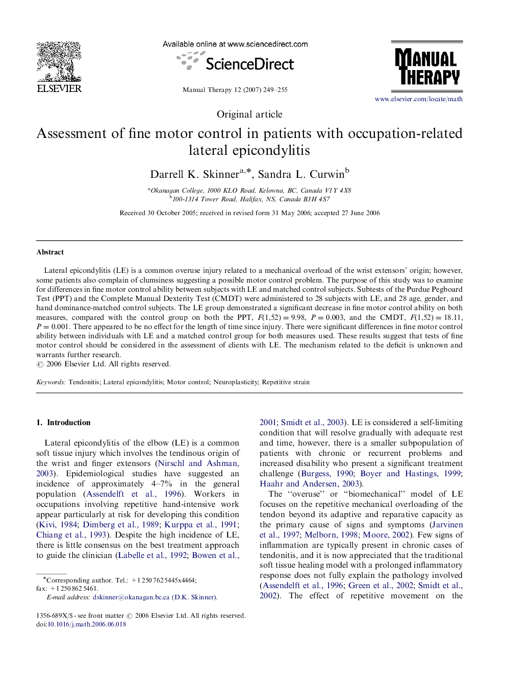 Assessment of fine motor control in patients with occupation-related lateral epicondylitis