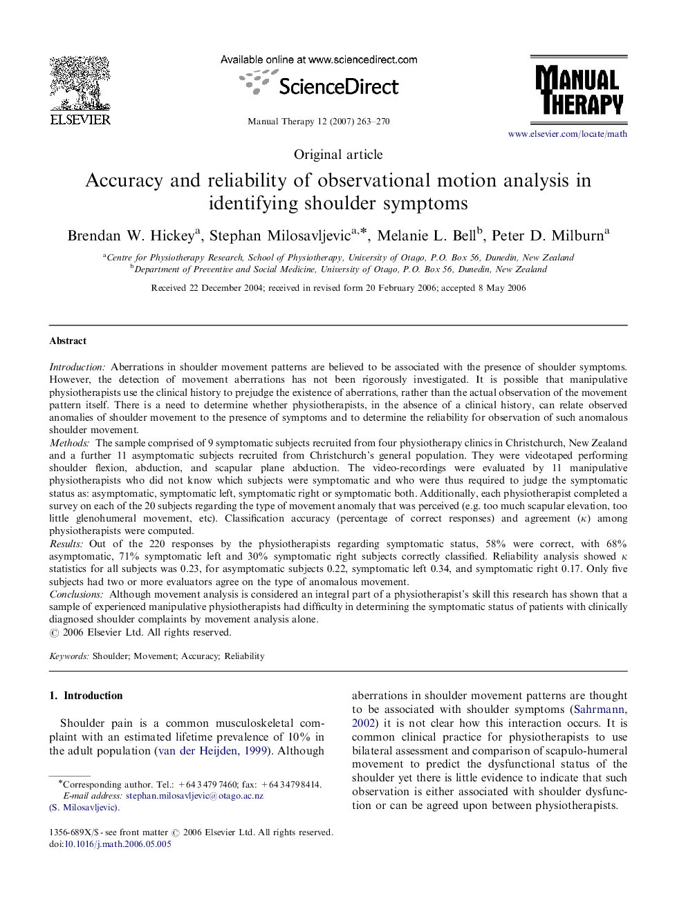 Accuracy and reliability of observational motion analysis in identifying shoulder symptoms