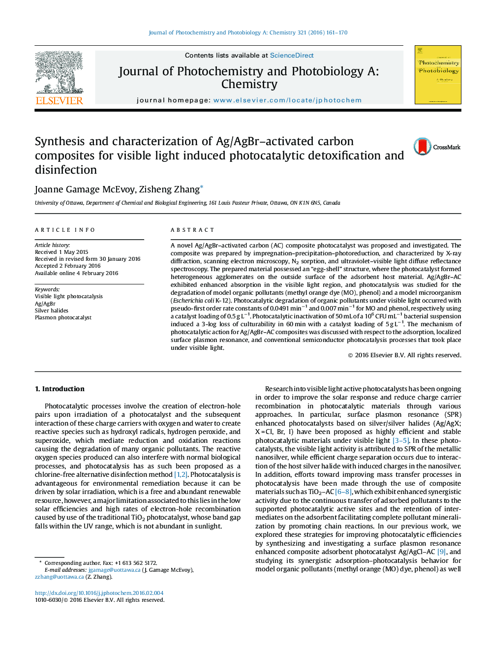 Synthesis and characterization of Ag/AgBr–activated carbon composites for visible light induced photocatalytic detoxification and disinfection