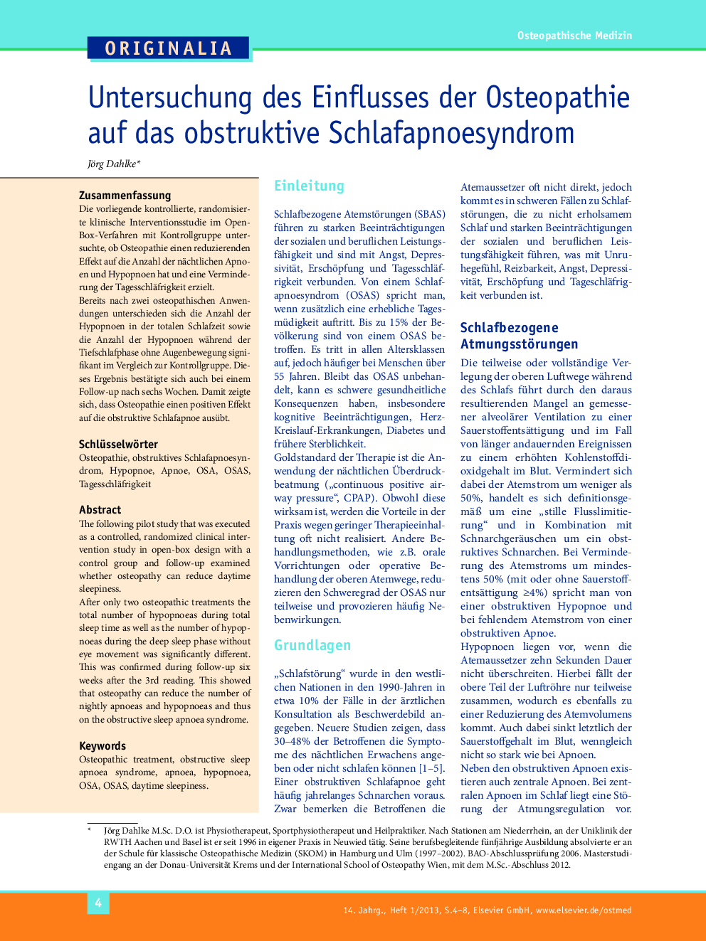 Untersuchung des Einflusses der Osteopathie auf das obstruktive Schlafapnoesyndrom