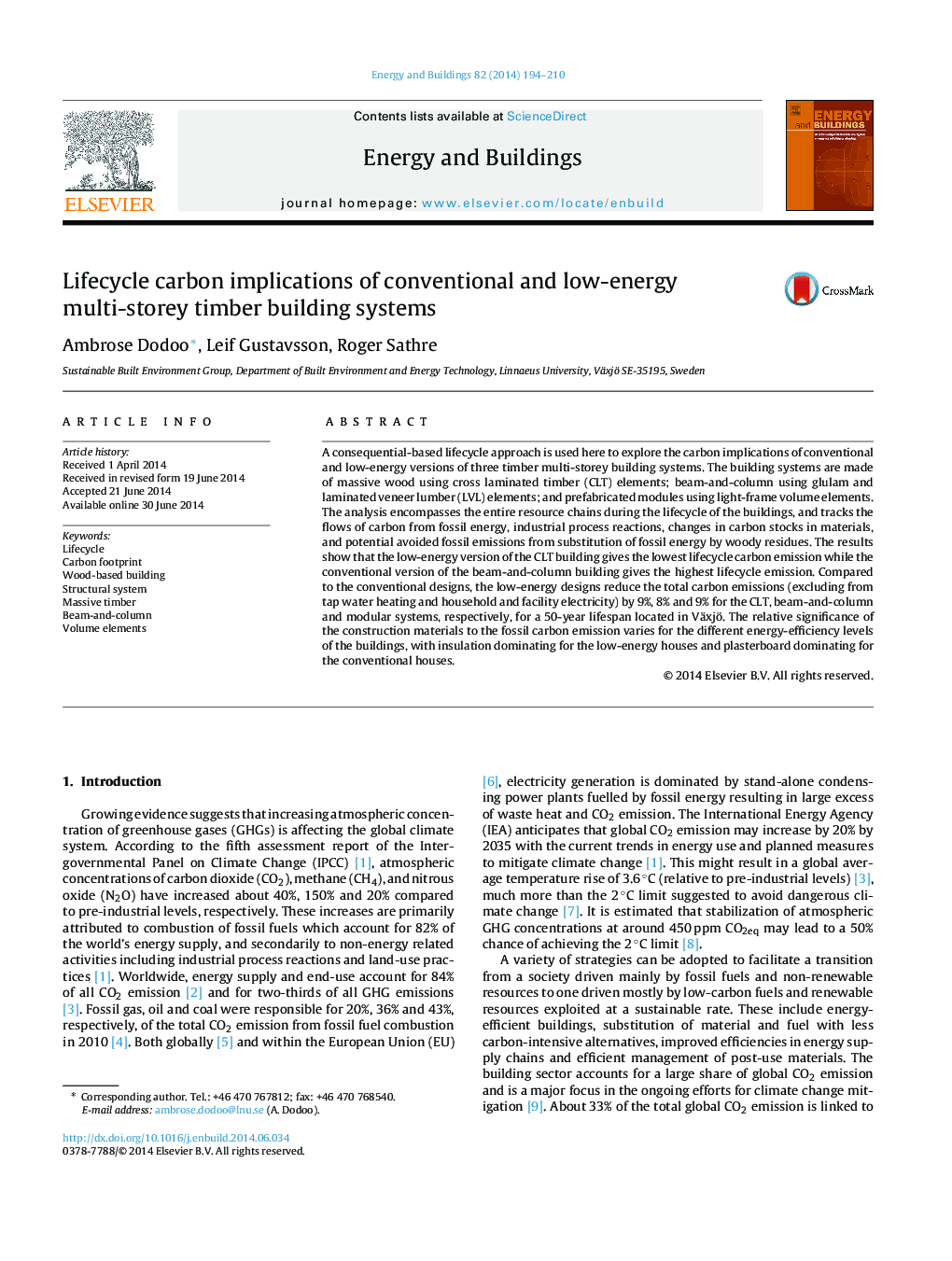 Lifecycle carbon implications of conventional and low-energy multi-storey timber building systems