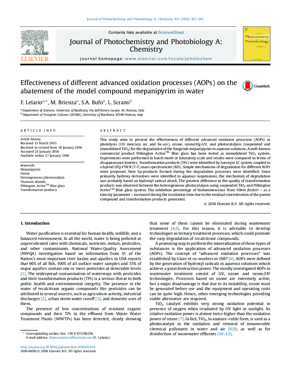 Effectiveness of different advanced oxidation processes (AOPs) on the abatement of the model compound mepanipyrim in water