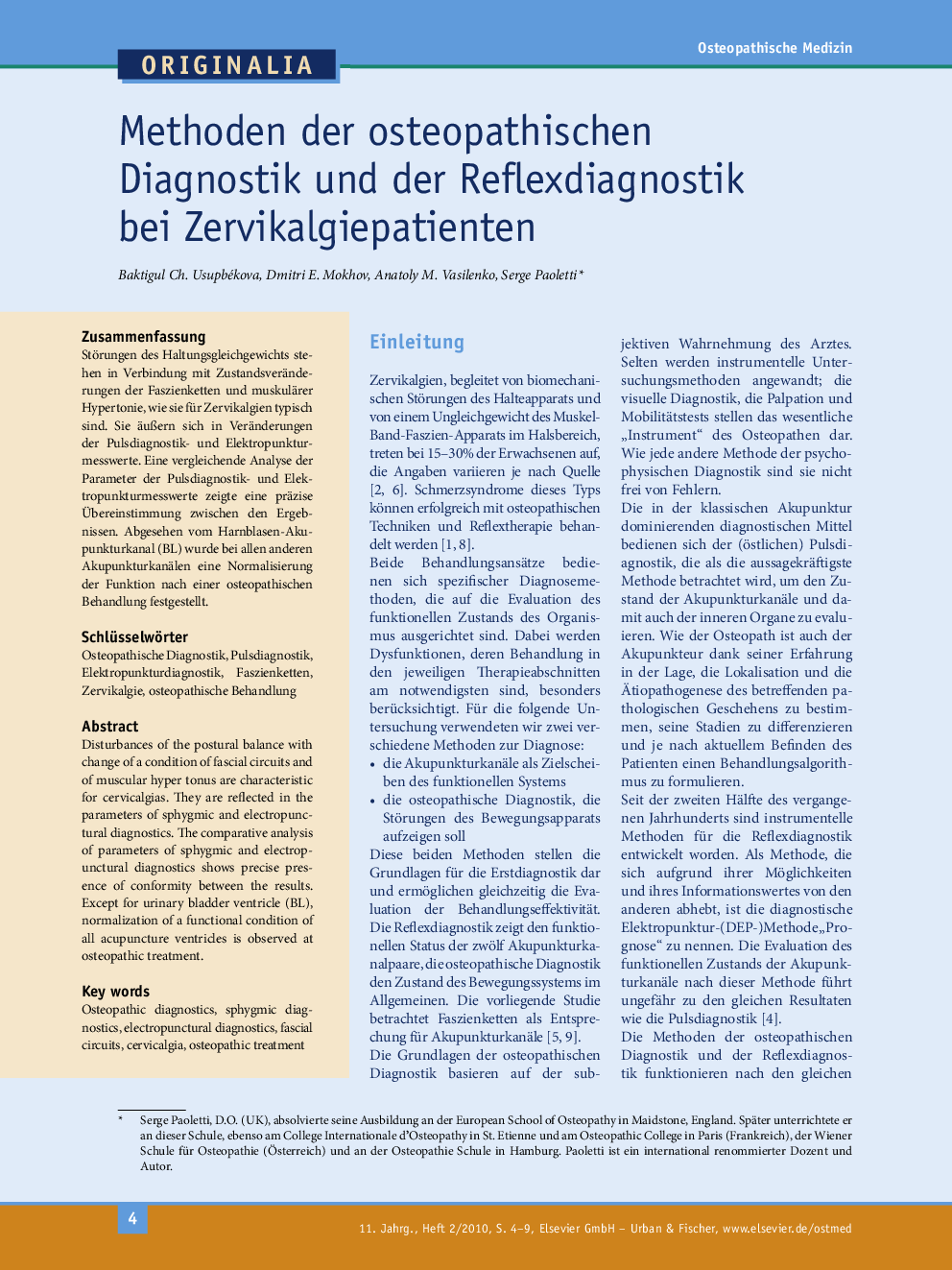 Methoden der osteopathischen Diagnostik und der Reflexdiagnostik bei Zervikalgiepatienten